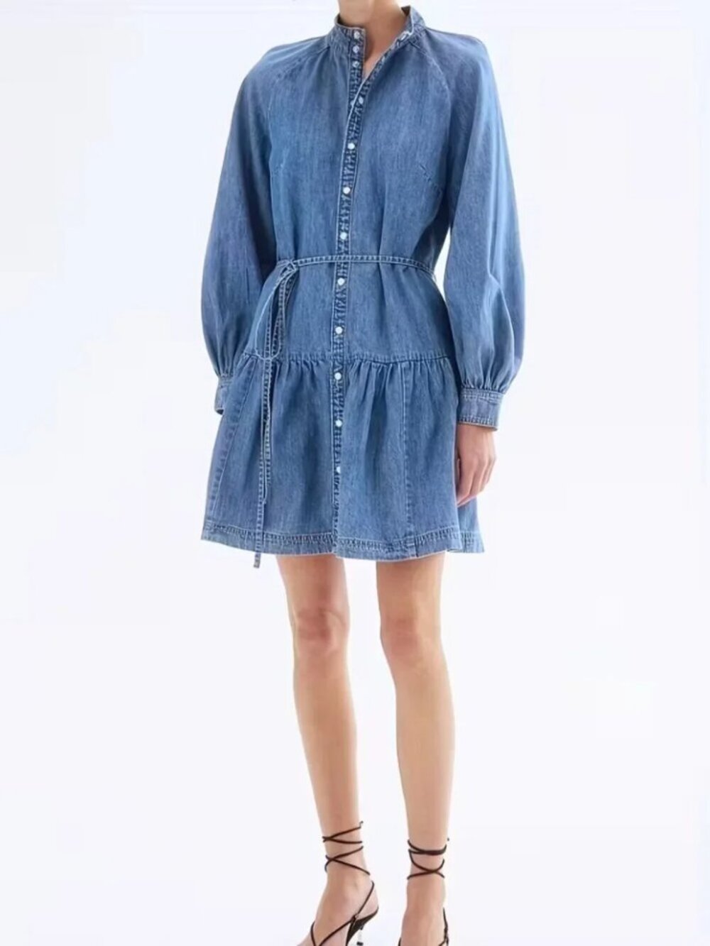 Lantern Sleeve Waist Tie Denim Dress - Picture 4 of 5